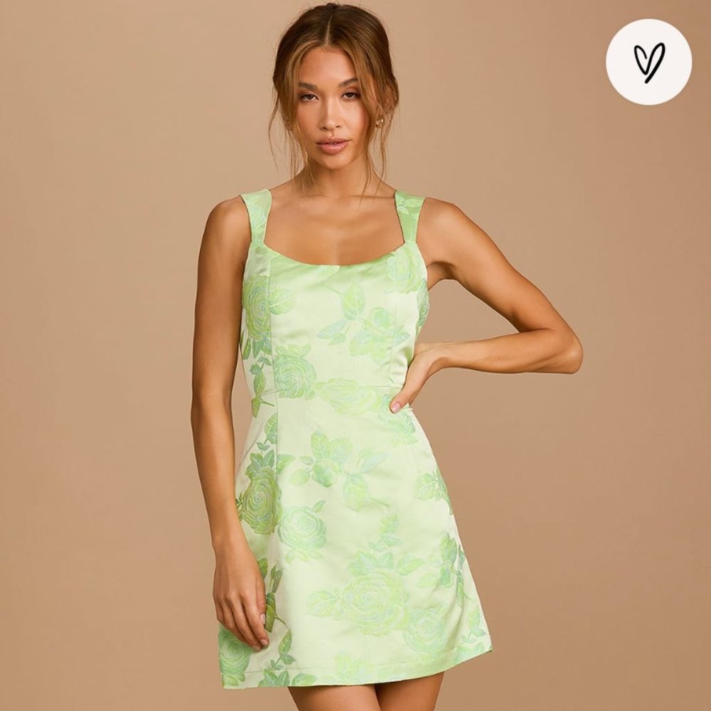 Brighter Side Light Green Floral Satin Jacquard Mini Dress